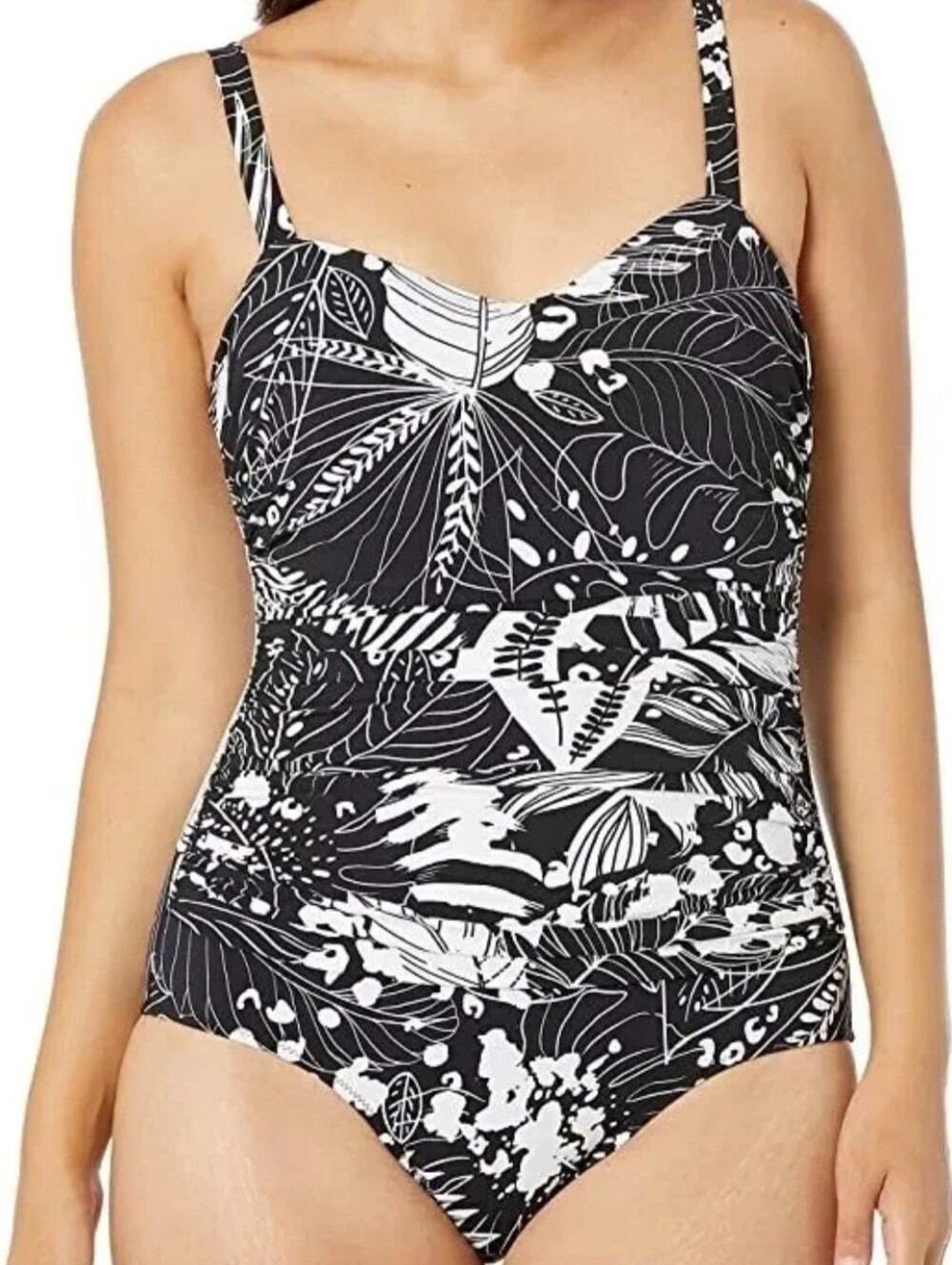 Profile by Gottex Classic Black & White Floral Ruched One-Piece Swimsuit 14D